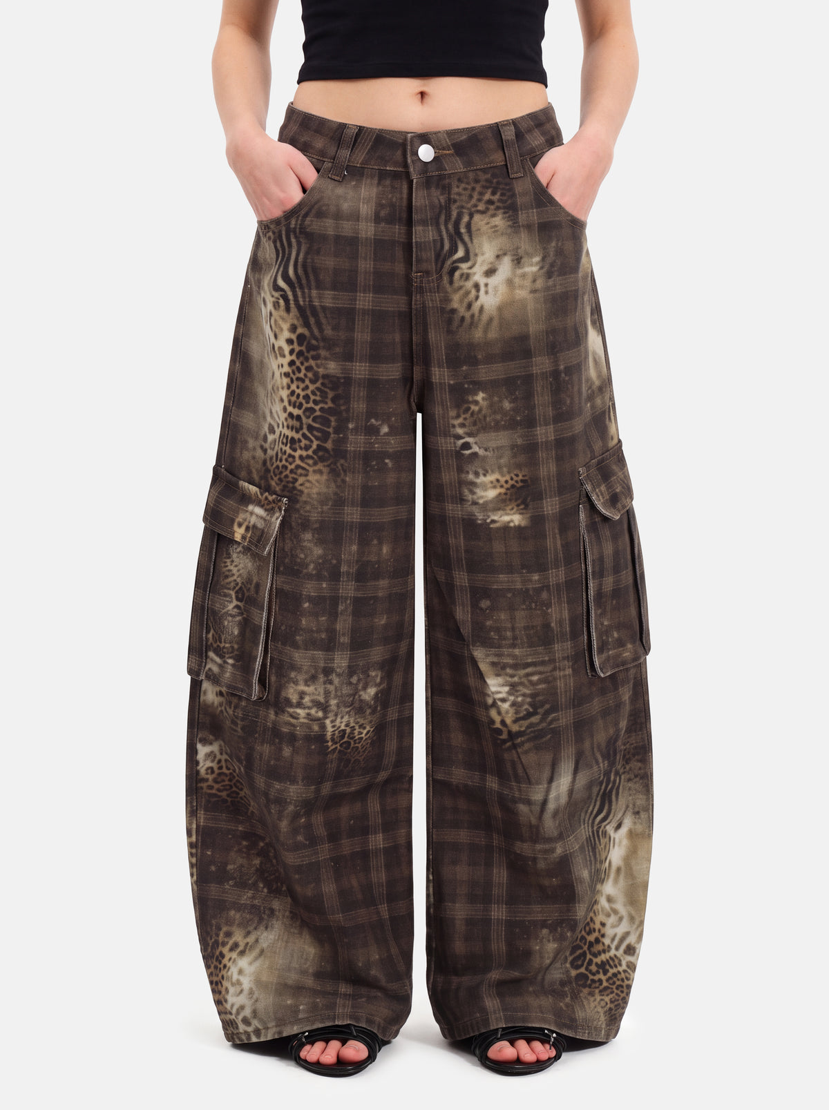 Bleached Plaid Leopard-Print Flap Cargo Baggy Denim Pants