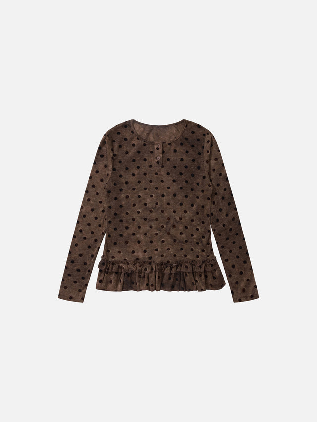 Polka Dot Ruffled-Hem Slim Long-Sleeve T-Shirt
