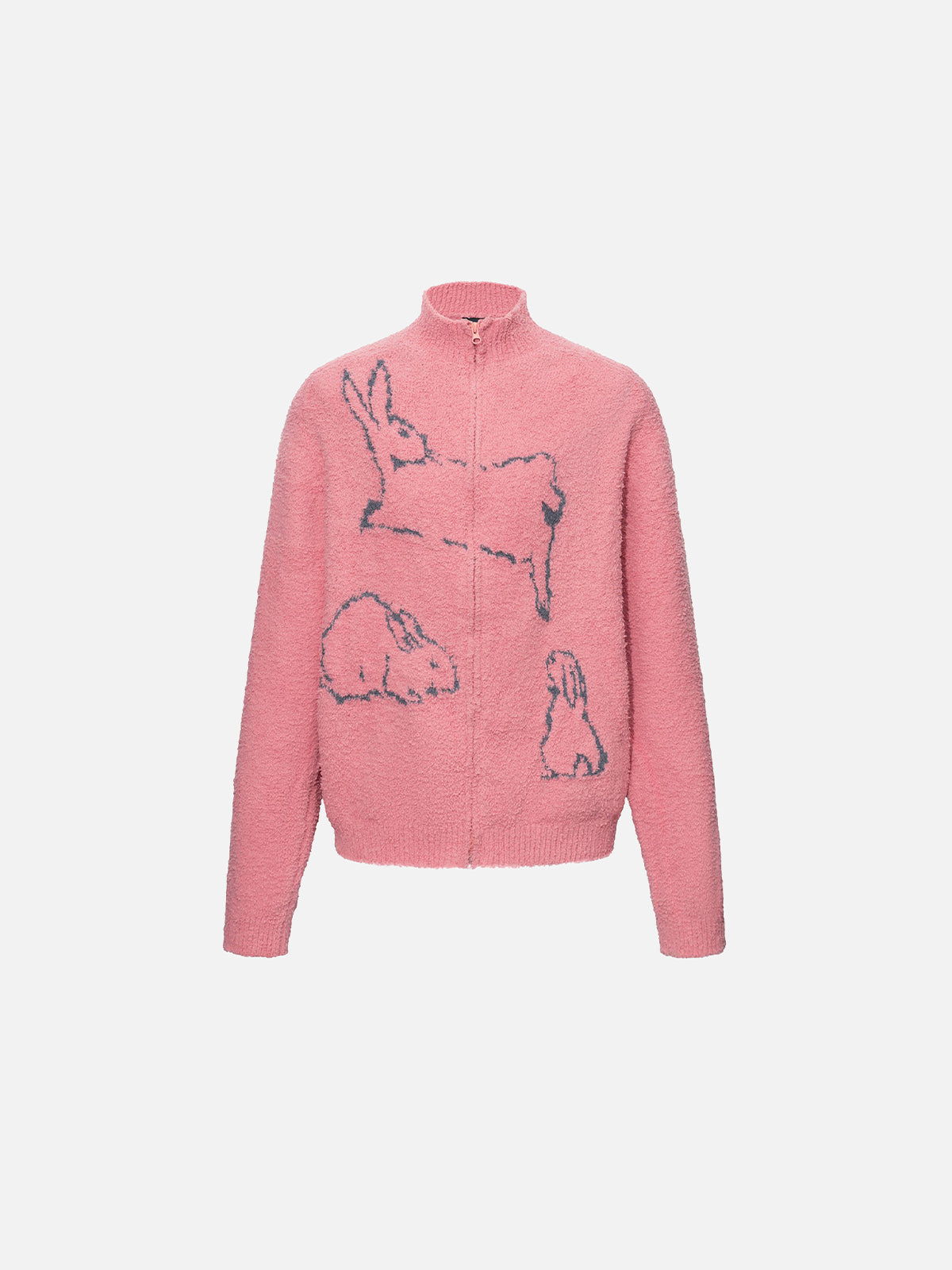 Rabbit Outline Graphic Stand Collar Knit Zip Cardigan