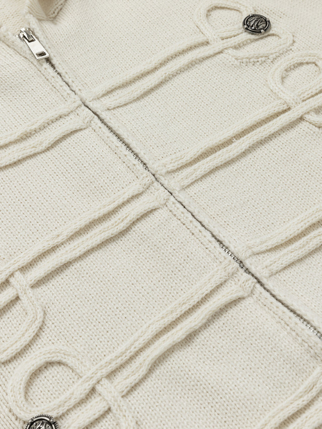 Napoleonic-Inspired Braided-Trim Relaxed-Fit Zip-Up Knit Hoodie
