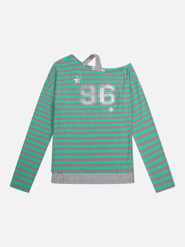 Off-Shoulder Striped Number Print Long-Sleeve Top