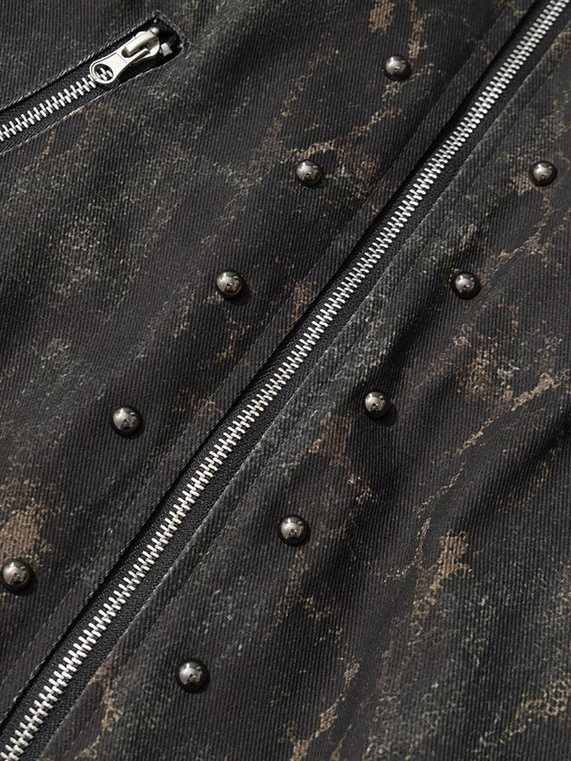 Studded Faux-Fur Trim Multi-Zip Buckled Boxy Bomber Jacket
