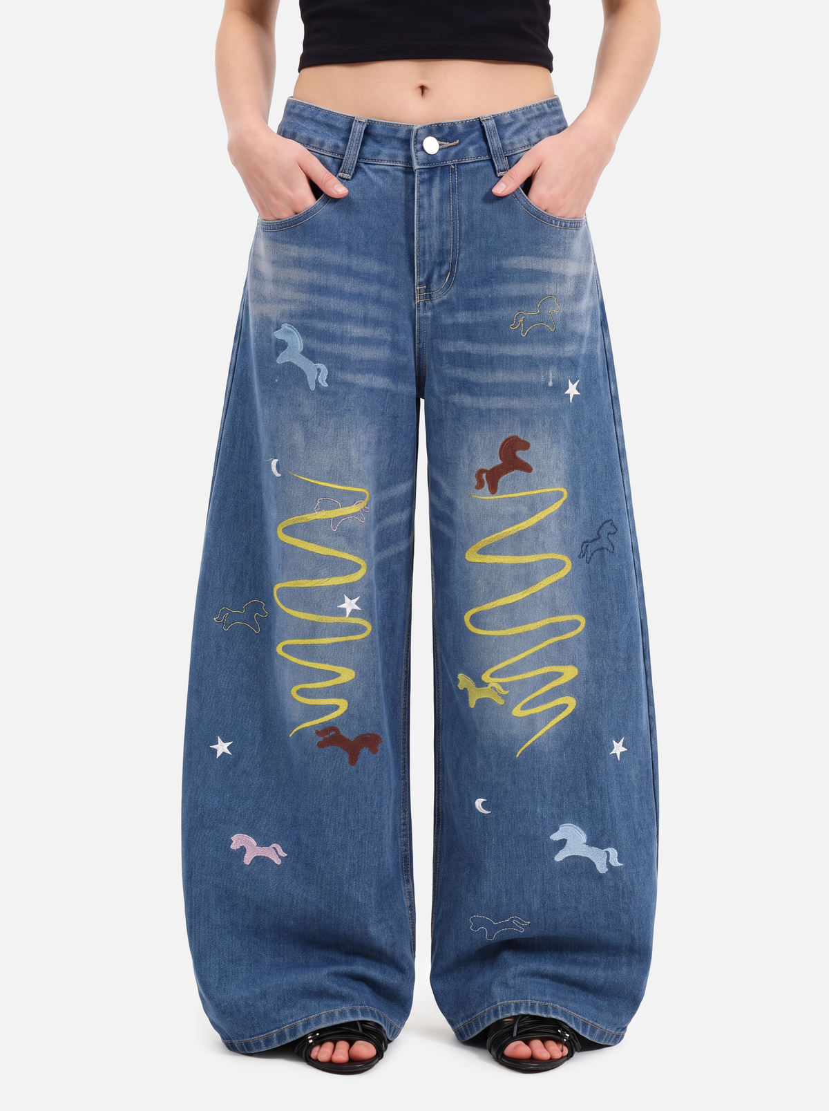 Horse-Embroidered Baggy Jeans