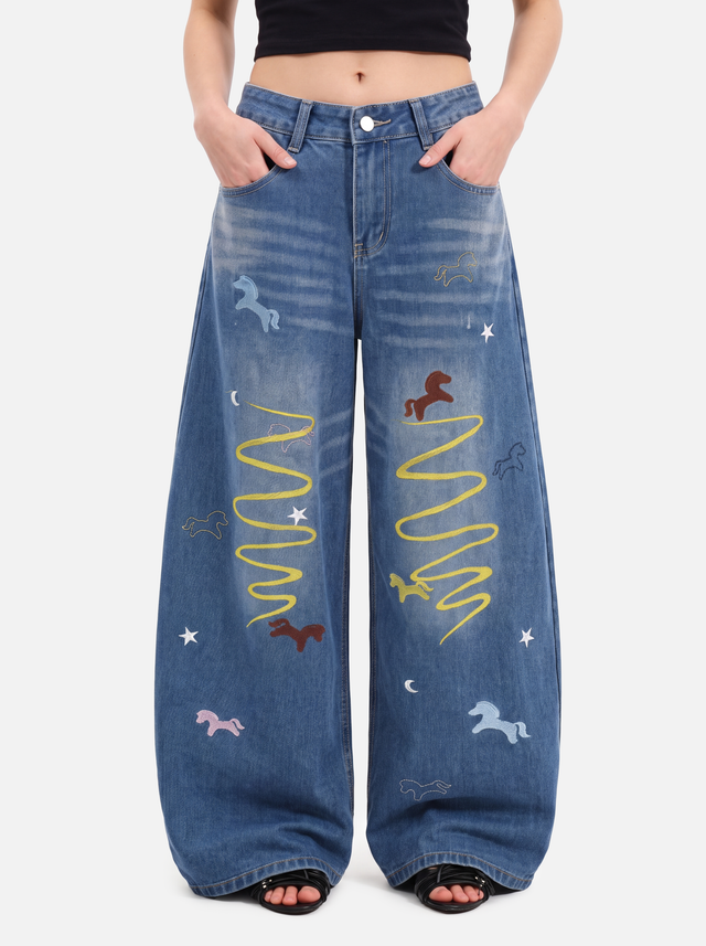 Horse-Embroidered Baggy Jeans