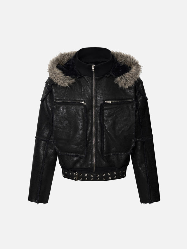Faux-Fur Trim Hooded Eyelet-Belted Faux-Leather Boxy Moto Jacket