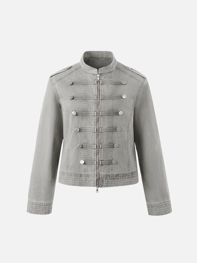 Napoleonic-Inspired Washed Cropped Denim Jacket