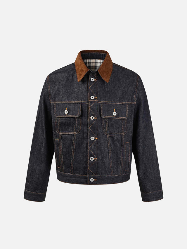 Corduroy Collar and Checked Panel Boxy Fit Denim Jacket