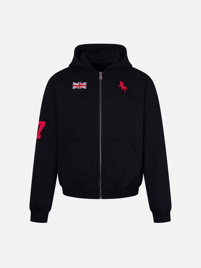 Number and Flag Embroidered Boxy Zip-Up Hoodie