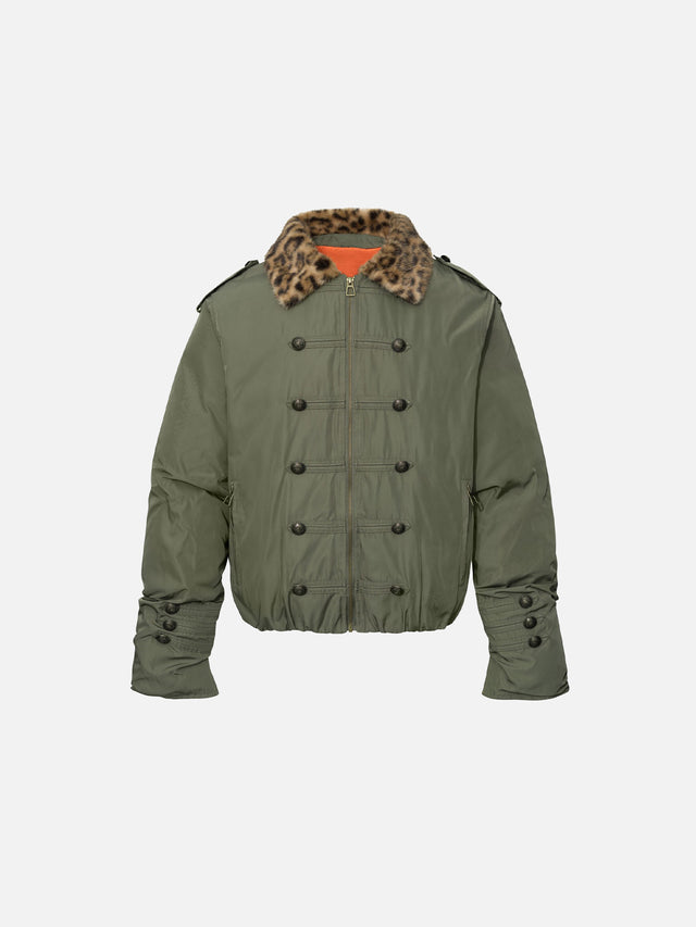 Leopard Faux-Fur Collar Hussar Military Button Boxy Bomber Jacket