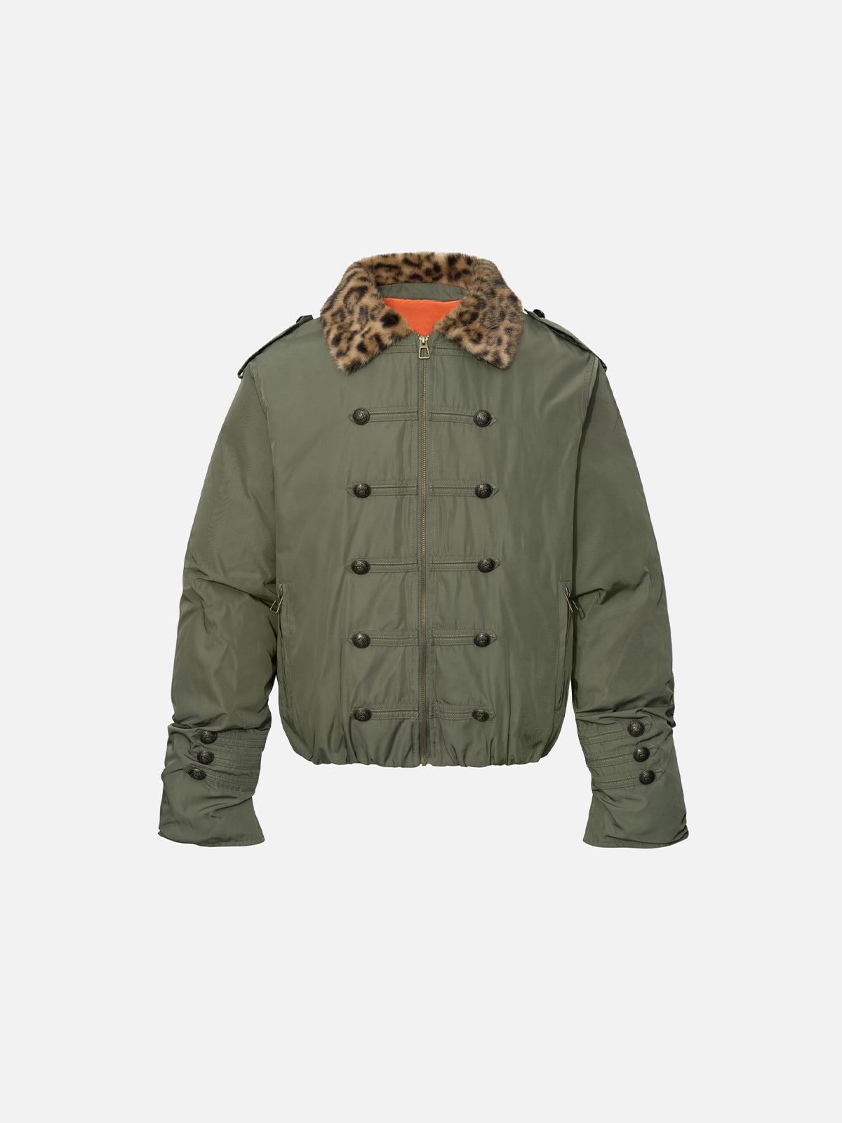 Leopard Faux-Fur Collar Hussar Military Button Boxy Bomber Jacket
