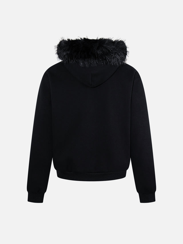 Faux-Fur Trim Rhinestone Cross Boxy Zip-Up Hoodie