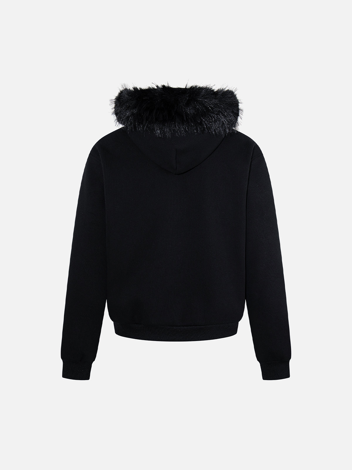 Faux-Fur Trim Rhinestone Cross Boxy Zip-Up Hoodie