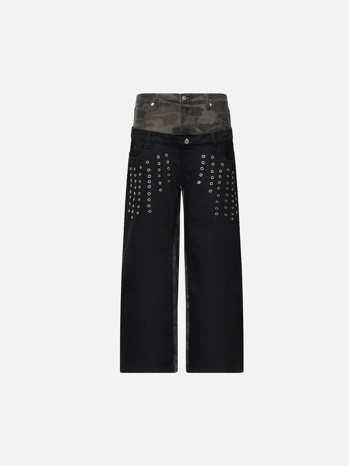 Double-Waistband Camouflage-Panel Grommet Studded Straight Jeans