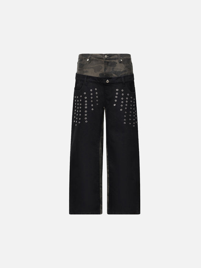 Double-Waistband Camouflage-Panel Grommet Studded Straight Jeans