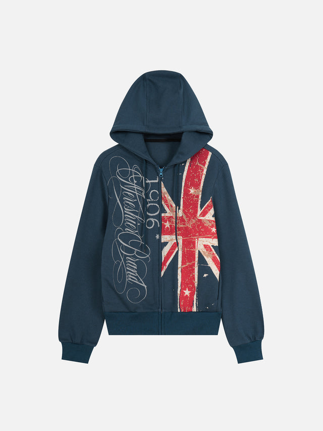 Distressed Union Jack Graphic Waffle-Knit Boxy Zip-Up Hoodie