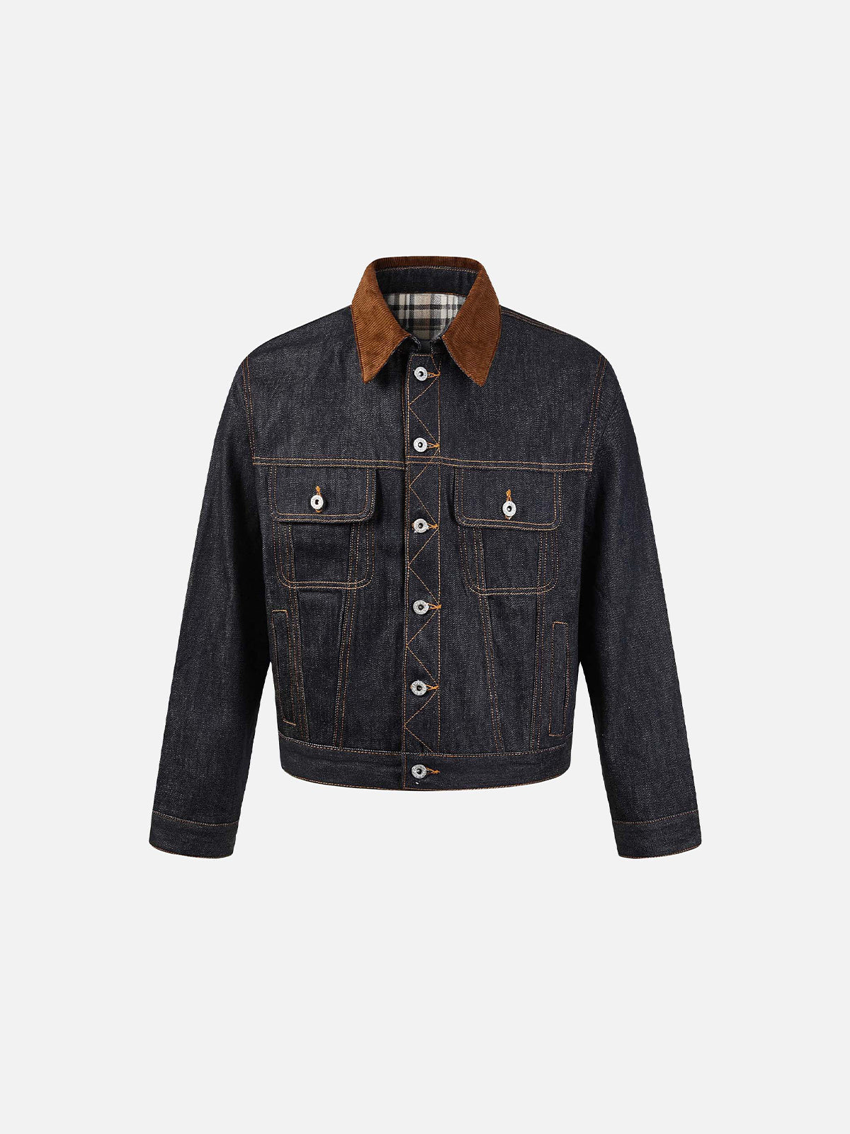Corduroy Collar and Checked Panel Boxy Fit Denim Jacket