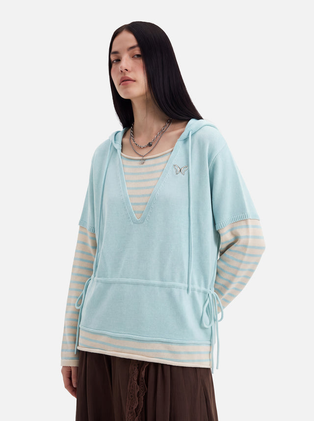 Butterfly Embroidery Striped Double-Layer V-Neck Oversized Knit Hoodie