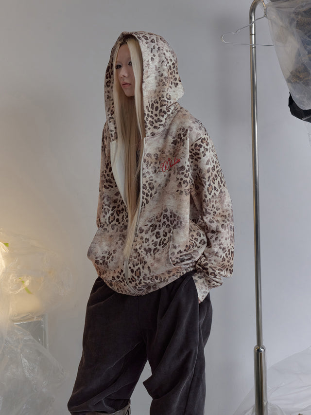 Washed Leopard-Print Embroidered Boxy Zip-Up Hoodie