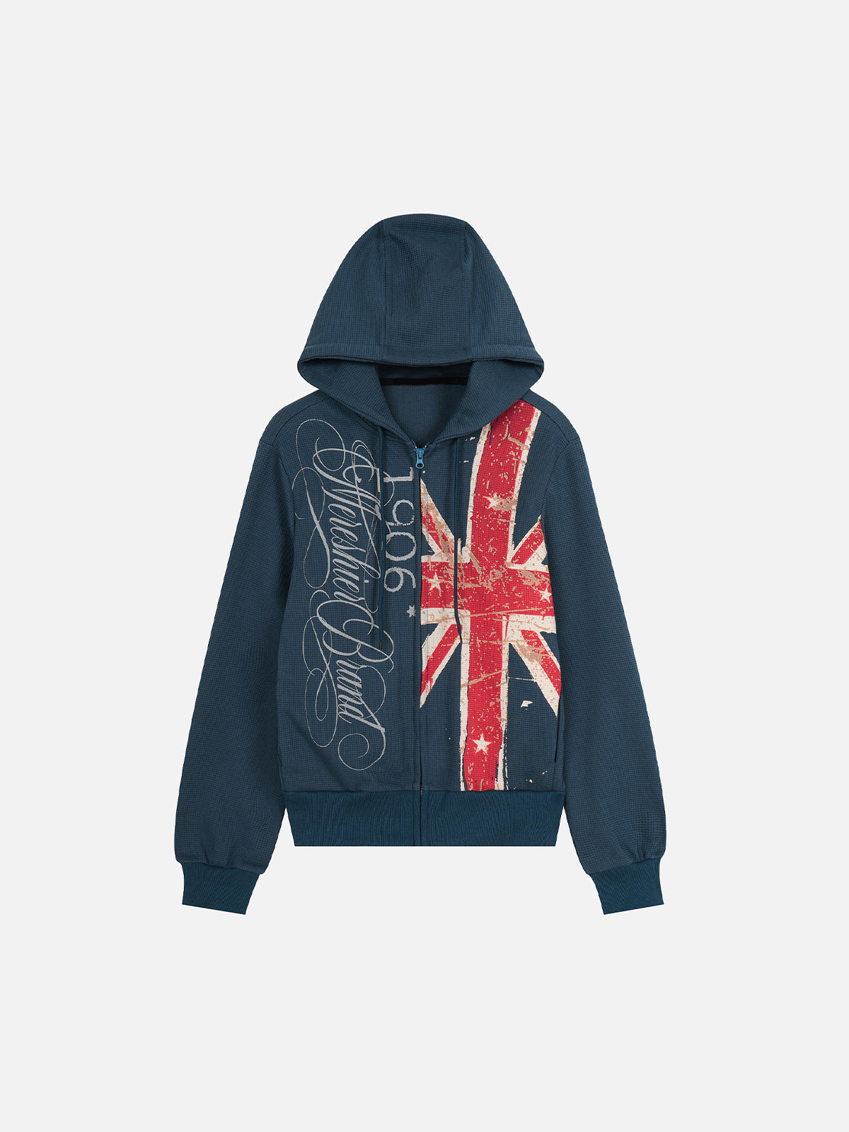Distressed Union Jack Graphic Waffle-Knit Boxy Zip-Up Hoodie