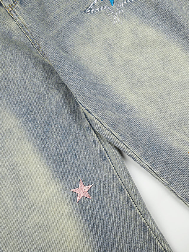 Distressed Star-Embroidered Baggy Barrel Jeans