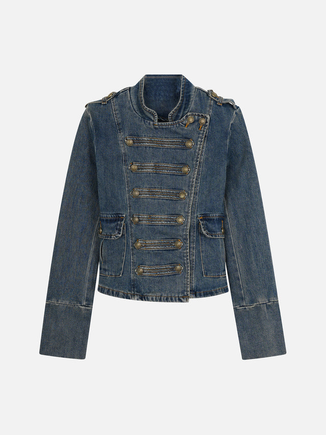 Military Style Buttoned Denim Jacket
