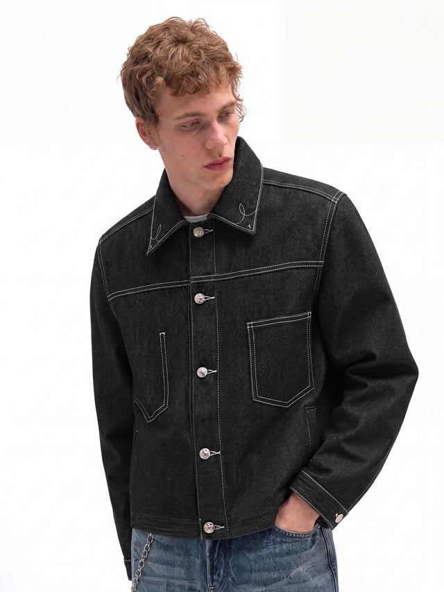 Rivets and Side Seam Stitching Boxy Fit Denim Jacket