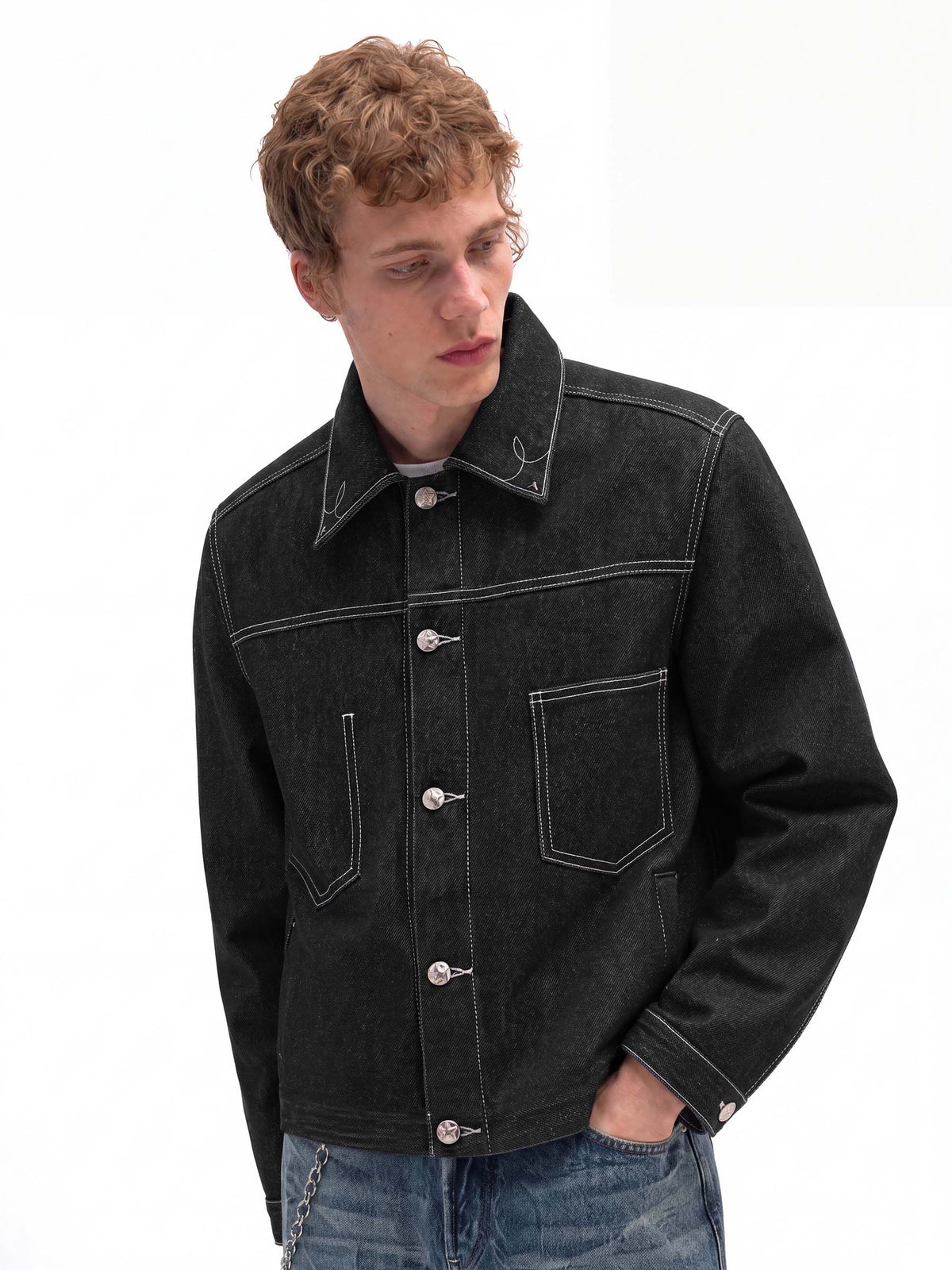 Rivets and Side Seam Stitching Boxy Fit Denim Jacket