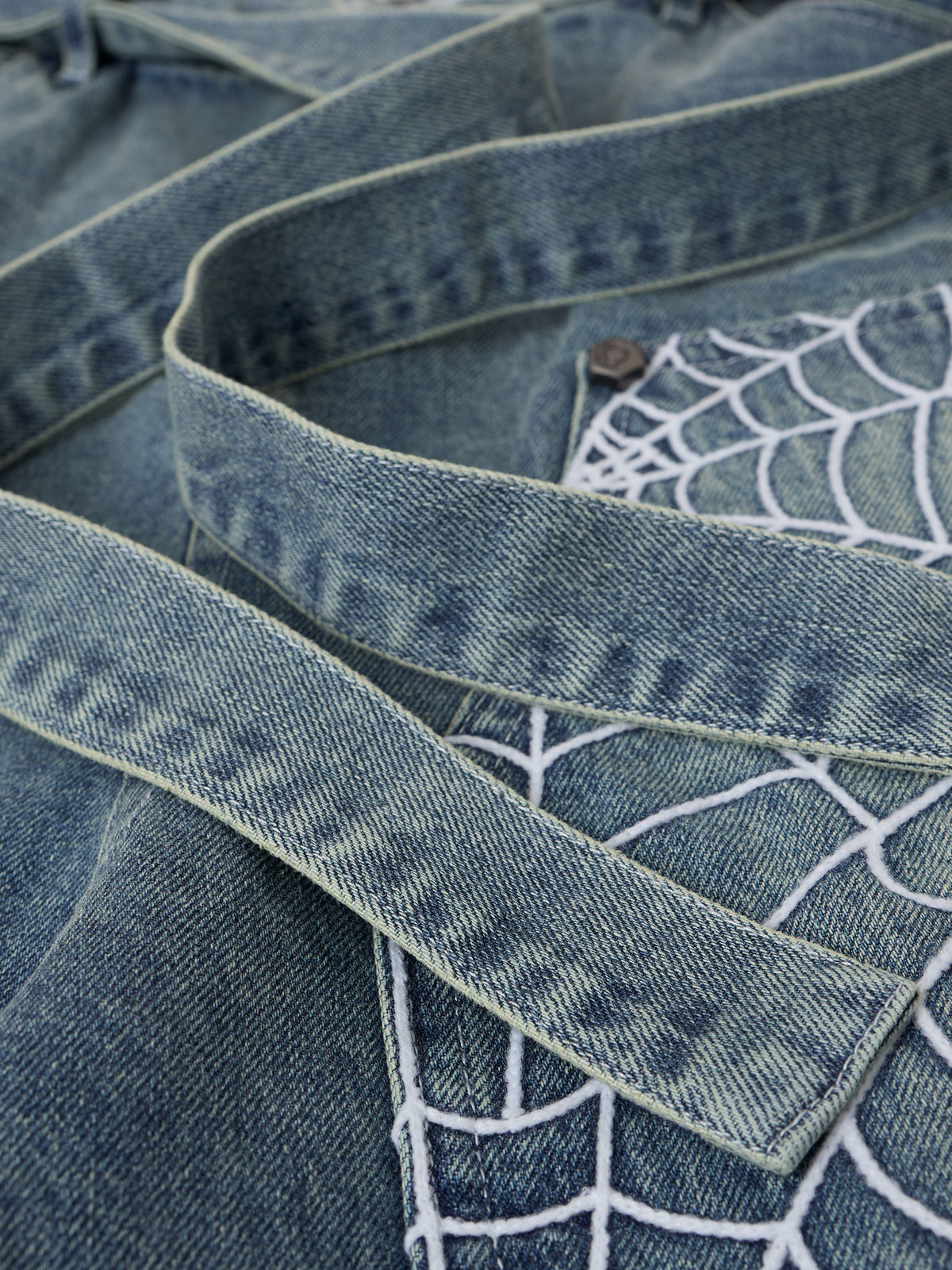 Spiderweb-Embroidered Double-Knee Denim Shorts