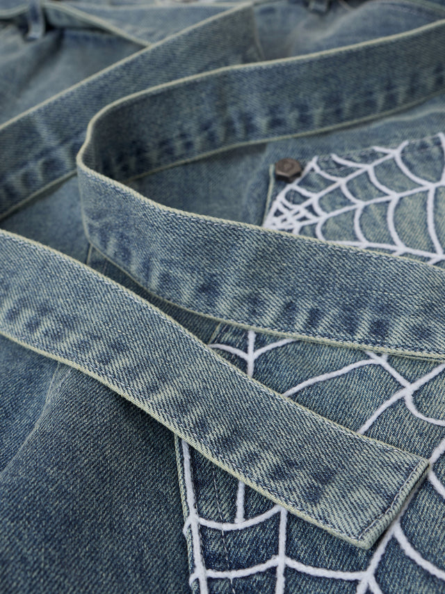 Spiderweb-Embroidered Double-Knee Denim Shorts