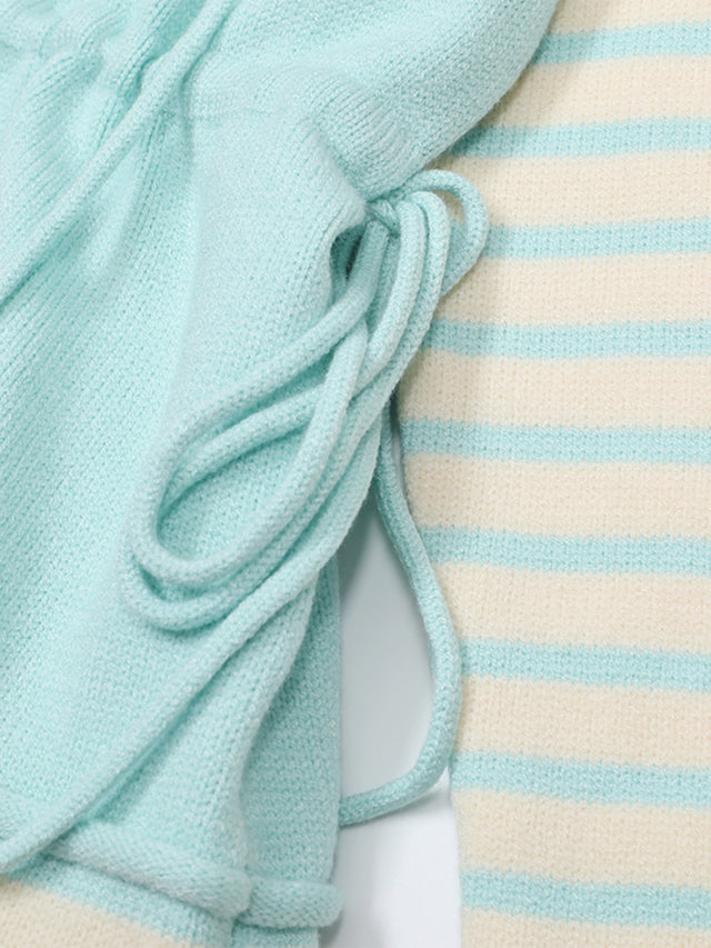 Butterfly Embroidery Striped Double-Layer V-Neck Oversized Knit Hoodie