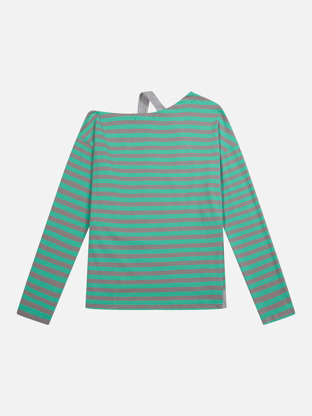 Off-Shoulder Striped Number Print Long-Sleeve Top