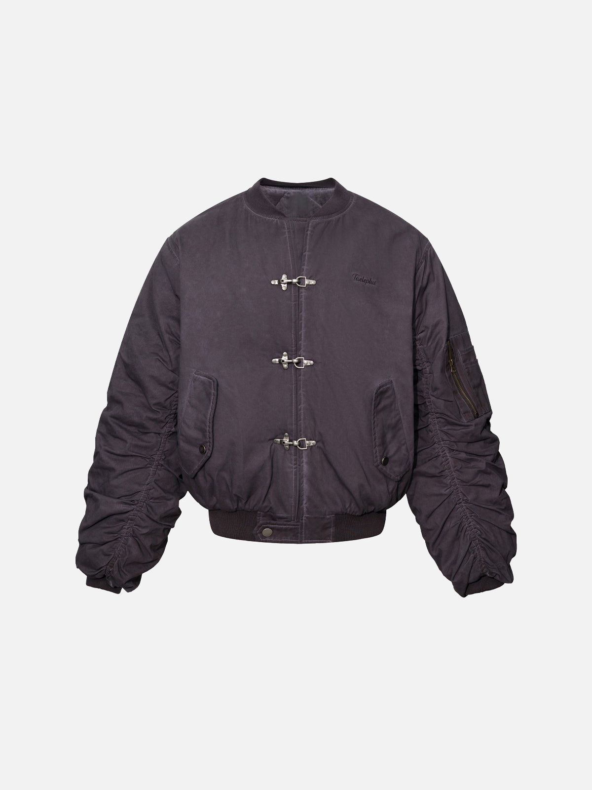 Fireman Clip Ruched-Sleeve Washed Boxy Bomber Jacket