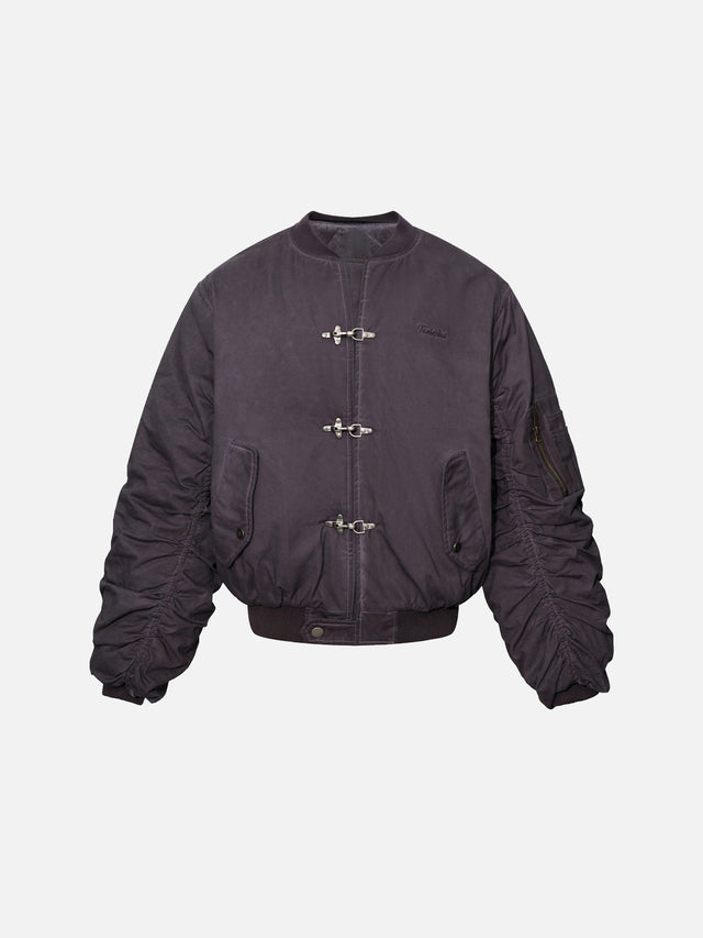 Fireman Clip Ruched-Sleeve Washed Boxy Bomber Jacket