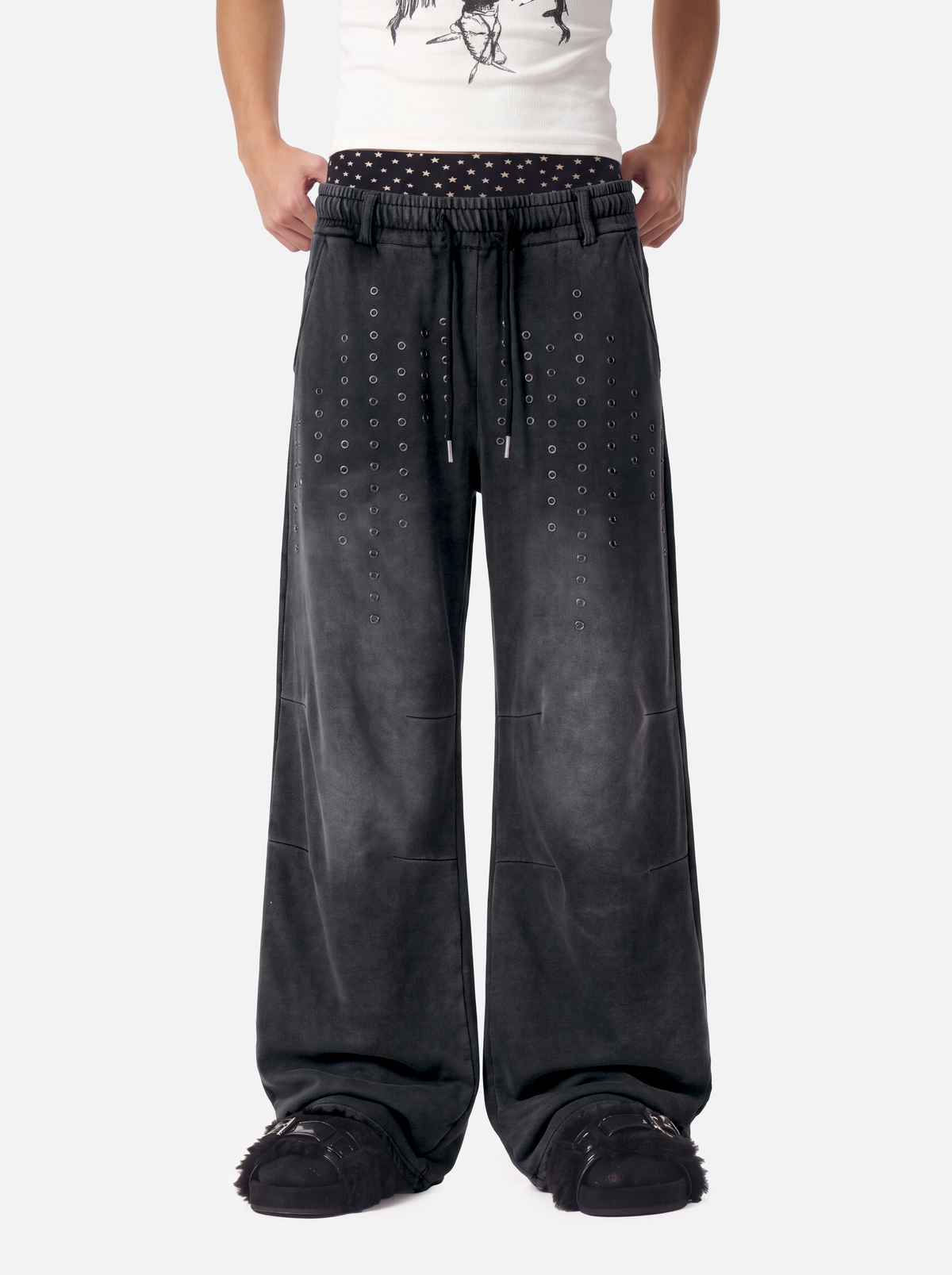Eyelet Studded Washed Baggy Barrel Sweatpants
