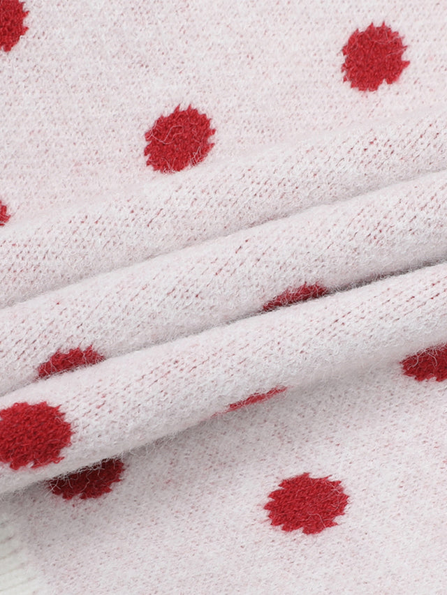 Heart Cat Graphic Polka-Dot Polo Collar Cropped Knit Sweater