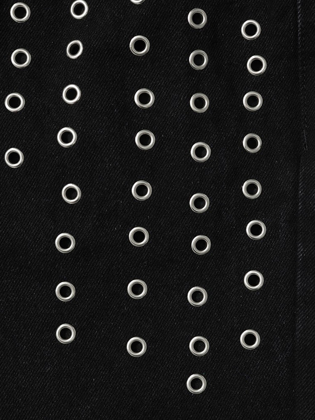 Double-Waistband Camouflage-Panel Grommet Studded Straight Jeans