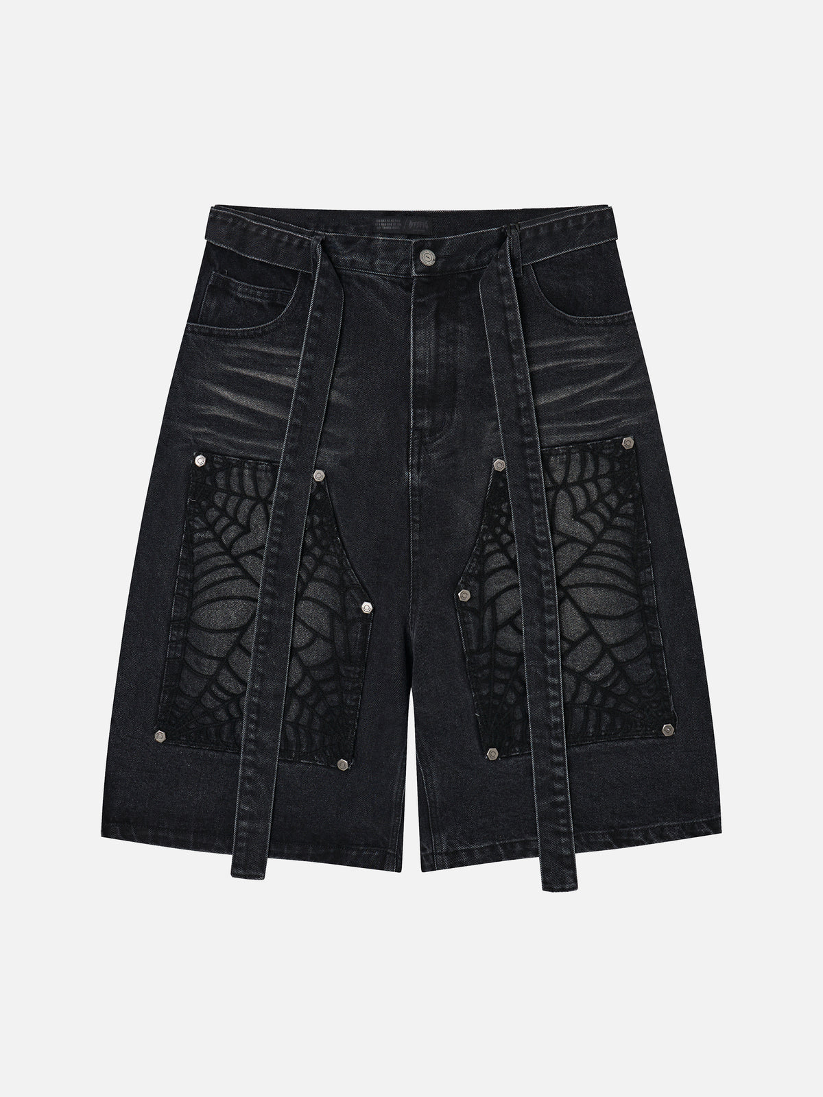 Spiderweb-Embroidered Double-Knee Denim Shorts