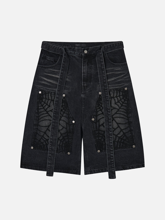 Spiderweb-Embroidered Double-Knee Denim Shorts