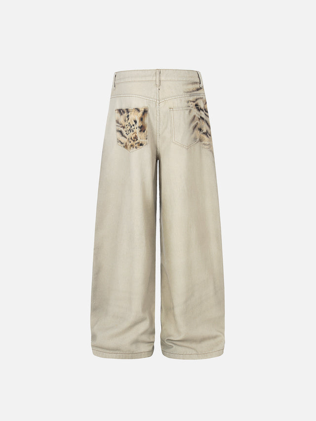 Vintage Washed Tiger Print Wide Leg Denim Pants
