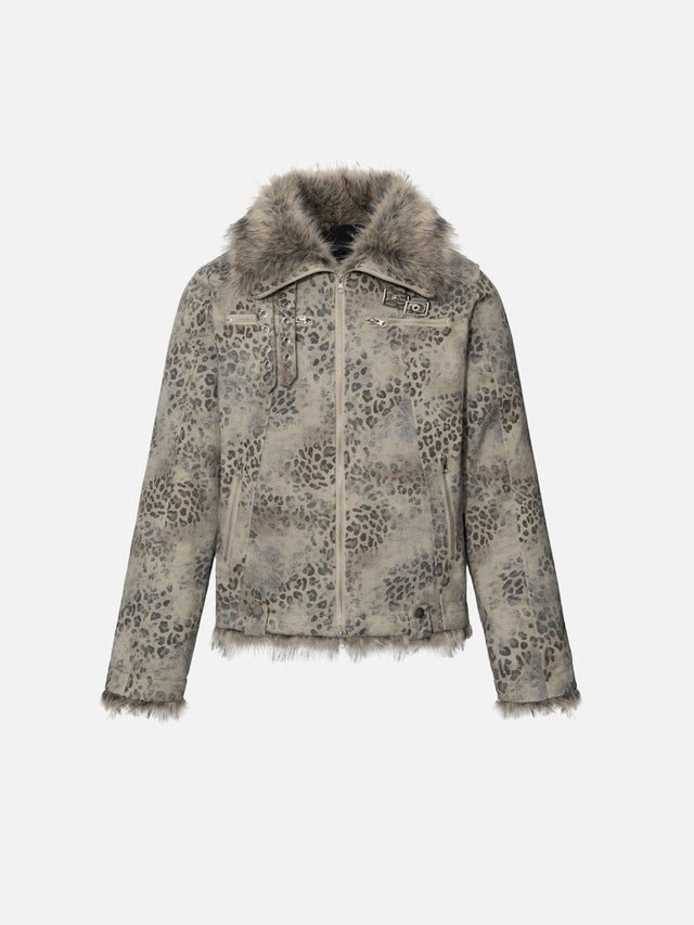 Leopard Print Faux-Fur Trim Multi-Zip Buckled Boxy Moto Jacket