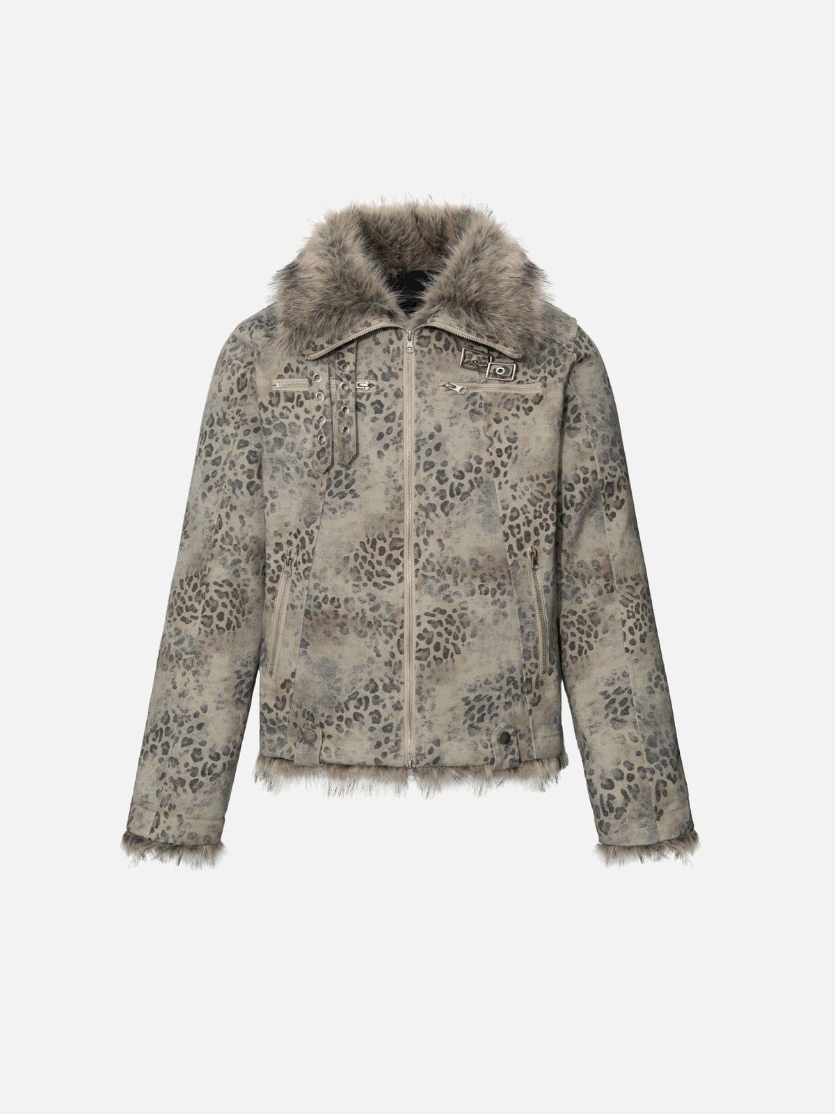 Leopard Print Faux-Fur Trim Multi-Zip Buckled Boxy Moto Jacket