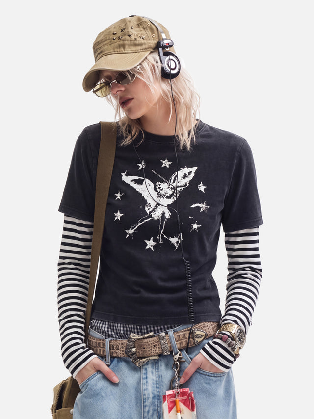 Angel Star Graphic Striped Double-Layer Long-Sleeve Boxy T-Shirt