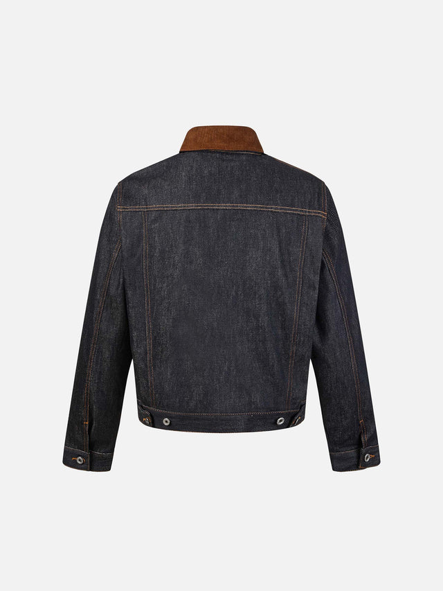 Corduroy Collar and Checked Panel Boxy Fit Denim Jacket