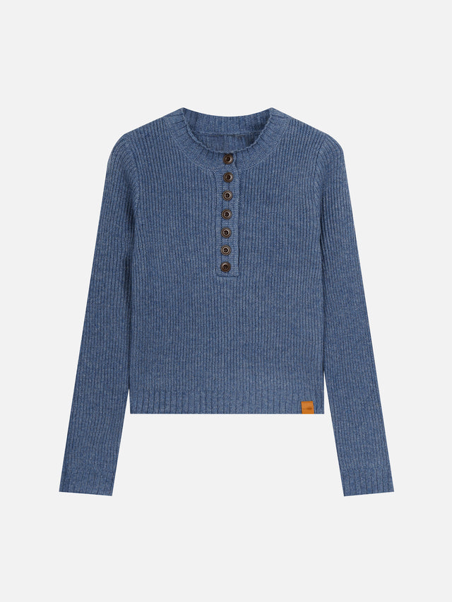 Rib-Knit Button-Front Henley Sweater
