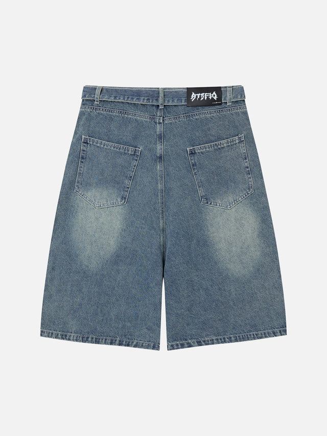 Spiderweb-Embroidered Double-Knee Denim Shorts