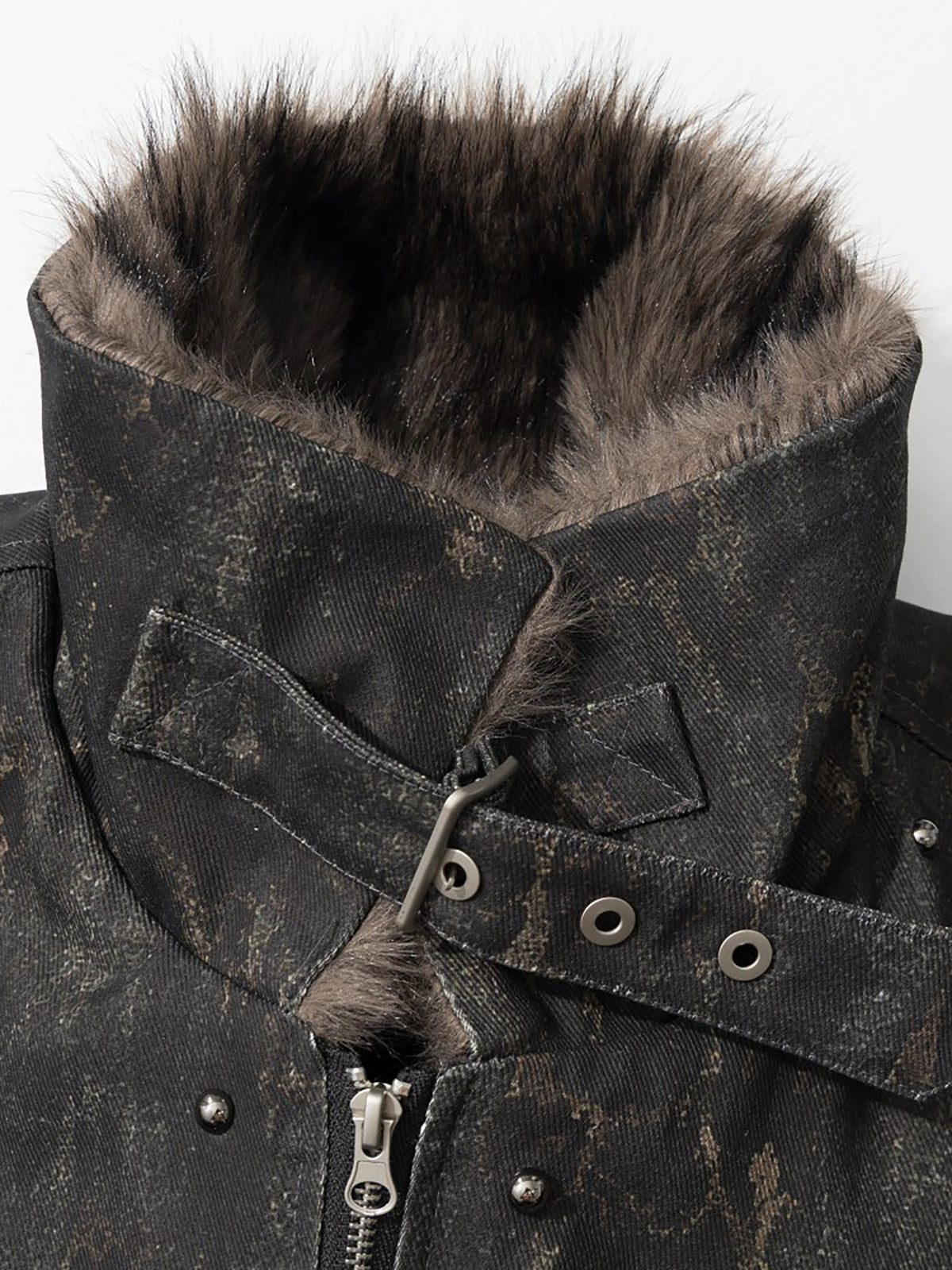 Studded Faux-Fur Trim Multi-Zip Buckled Boxy Bomber Jacket