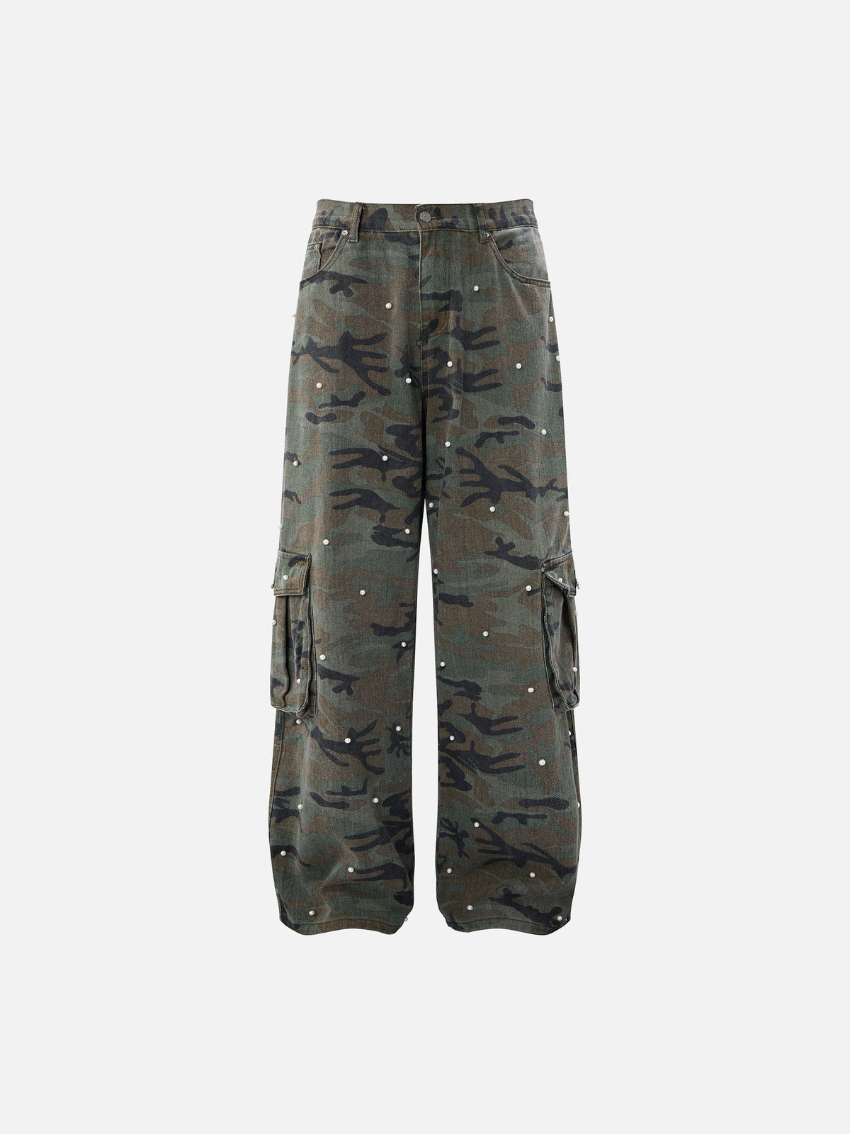 Pearl-Embellished Camo Baggy Cargo Jeans