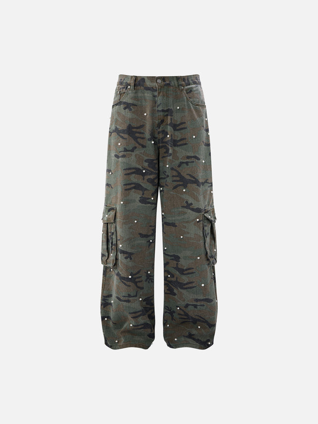 Pearl-Embellished Camo Baggy Cargo Jeans