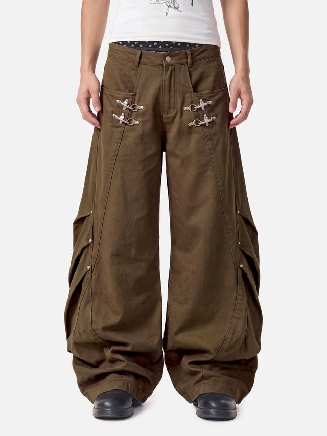 Hardware-Detail Draped Baggy Jeans