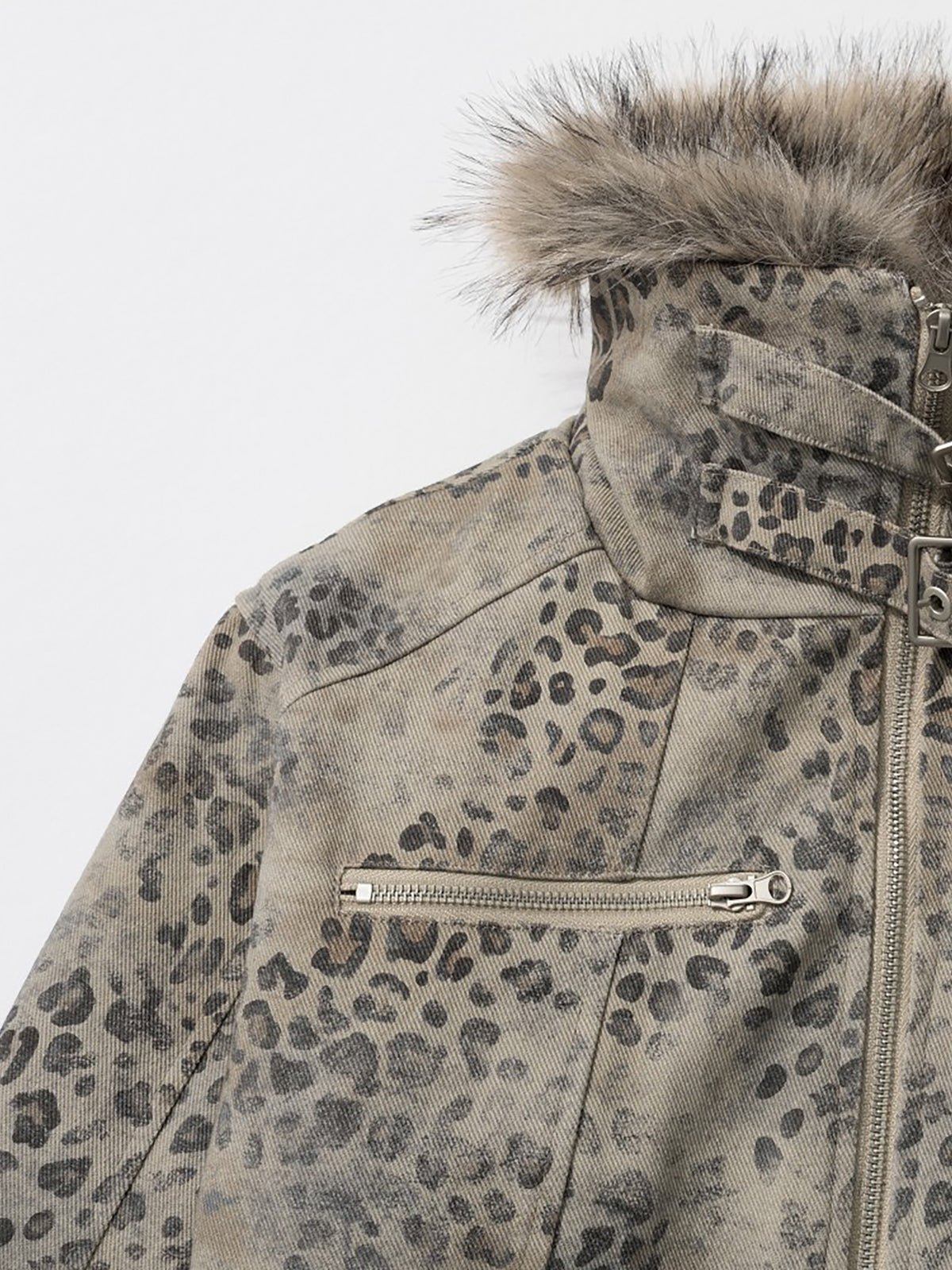 Leopard Print Faux-Fur Trim Multi-Zip Buckled Boxy Moto Jacket